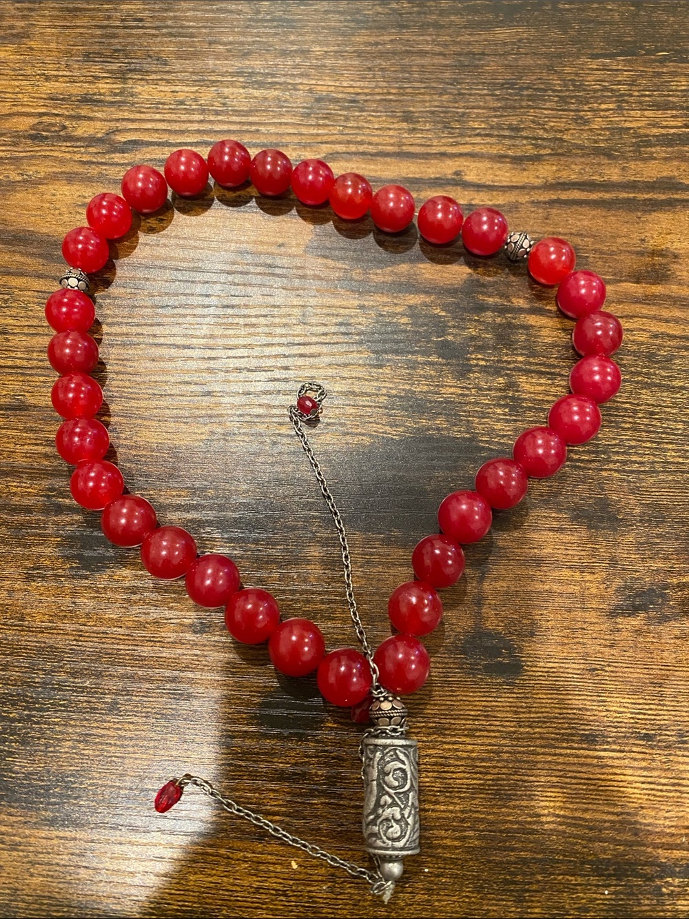 Red Beaded rosary with Ornate Silver-Tone Pendant